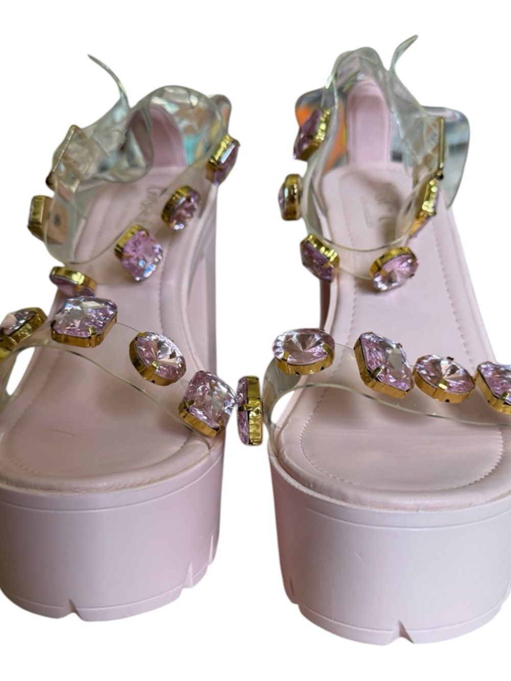 Pink Jeweled Platform Sandals with Clear Straps